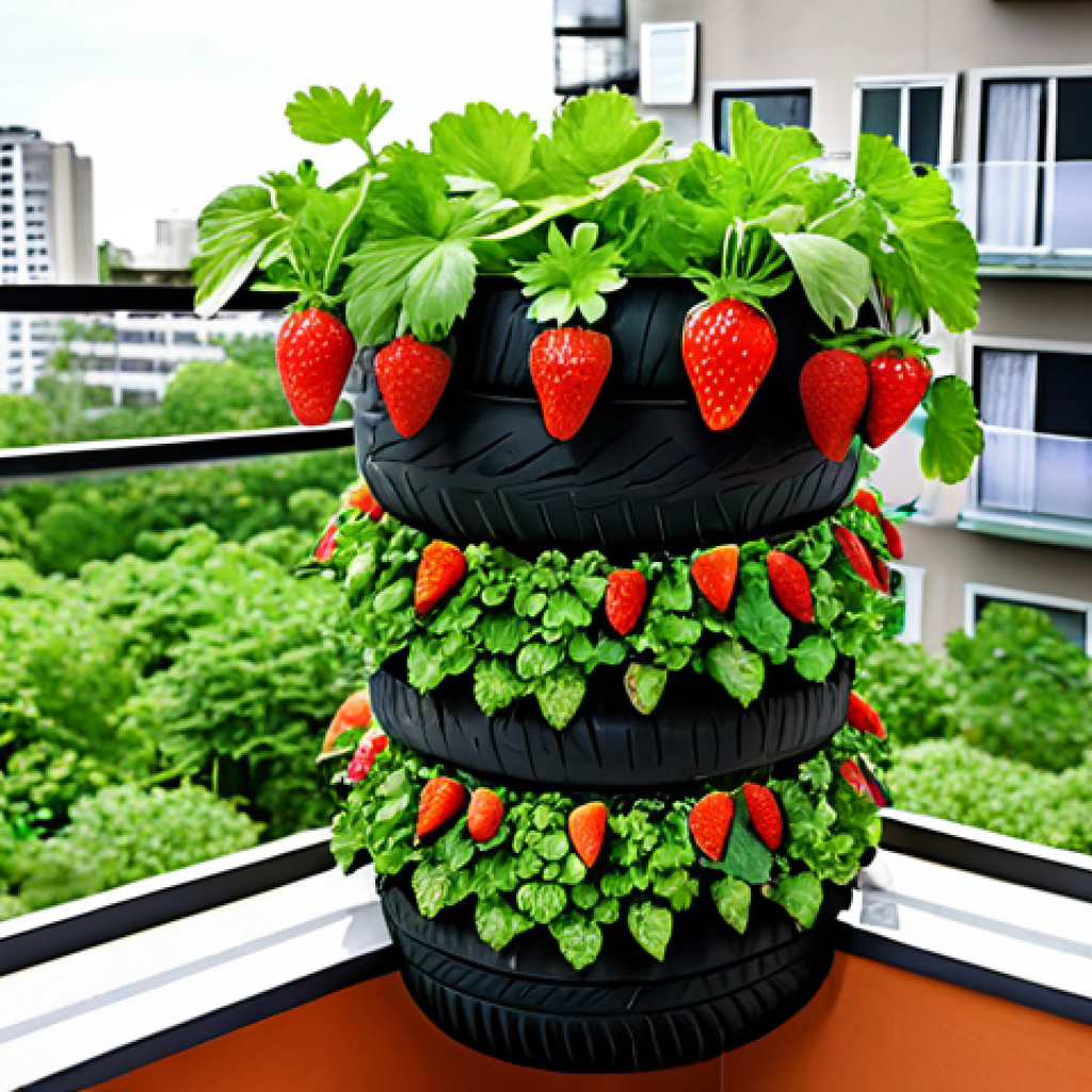 **

A vibrant, vertical balcony garden overflowing with strawberries, lettuce, and herbs, constructed from repurposed tires and plastic bottles. Focus on the lush greenery against a typical city apartment building backdrop.  Include a small composting bin. Style:  Bright, inviting, slightly whimsical.

**