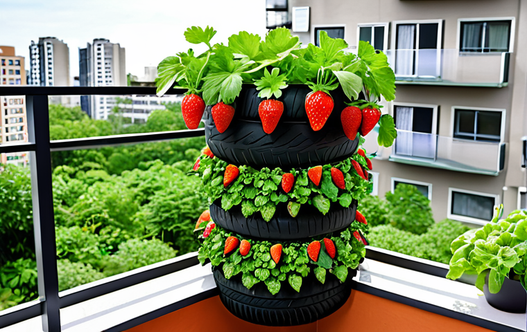 **

A vibrant, vertical balcony garden overflowing with strawberries, lettuce, and herbs, constructed from repurposed tires and plastic bottles. Focus on the lush greenery against a typical city apartment building backdrop.  Include a small composting bin. Style:  Bright, inviting, slightly whimsical.

**