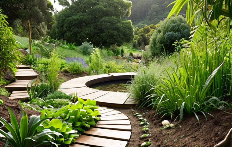 **Prompt 1:** A serene and vibrant permaculture landscape, showcasing a harmonious blend of diverse, multi-layered edible plants, visible rainwater harvesting features (like swales or ponds), and active composting systems. A sense of deep connection to nature and a thriving ecosystem is conveyed, with soft natural light illuminating the abundant greenery. The image should evoke the philosophy of sustainable living and the beauty of working with natural processes.