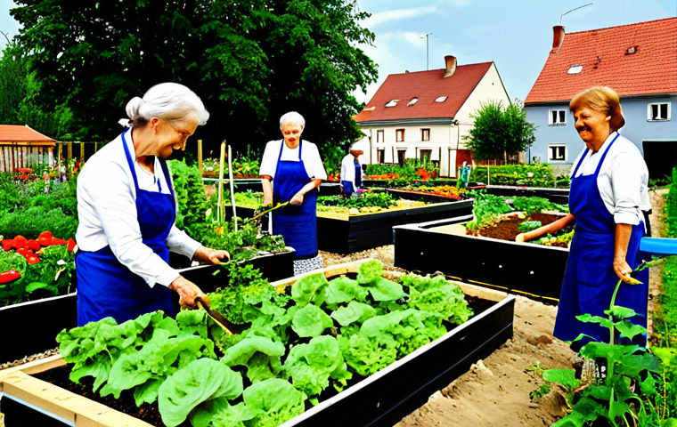 퍼머컬처의 사회적 통합 전략 - Community Garden**
"A vibrant community garden scene in a Polish village, people of all ages workin...
