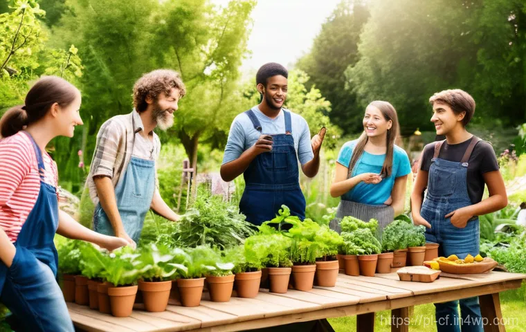 퍼머컬처 커뮤니티 내 갈등 관리 - **Prompt:** A diverse group of adults and teenagers in a vibrant, flourishing permaculture garden, g...