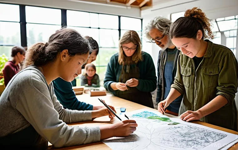 퍼머컬처 커뮤니티 내 갈등 관리 - **Prompt:** A diverse group of adults and teenagers in a vibrant, flourishing permaculture garden, g...