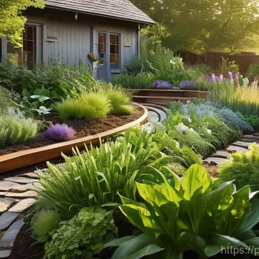 퍼머컬처 시스템의 환경적 장점 - **"A vibrant permaculture garden efficiently utilizing water. The scene features a beautifully integ...