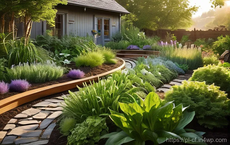 퍼머컬처 시스템의 환경적 장점 - **"A vibrant permaculture garden efficiently utilizing water. The scene features a beautifully integ...