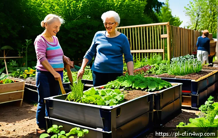 퍼머컬처의 사회적 변화 이론 - A vibrant community garden in a Polish urban neighborhood during springtime, showing diverse groups ...