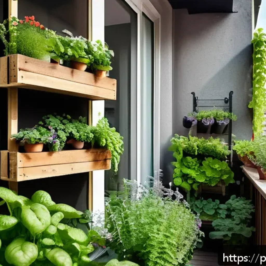 퍼머컬처 실천을 위한 개인 행동 지침 - A cozy small urban balcony garden in Poland, featuring vertical planting systems with hanging pots, ...