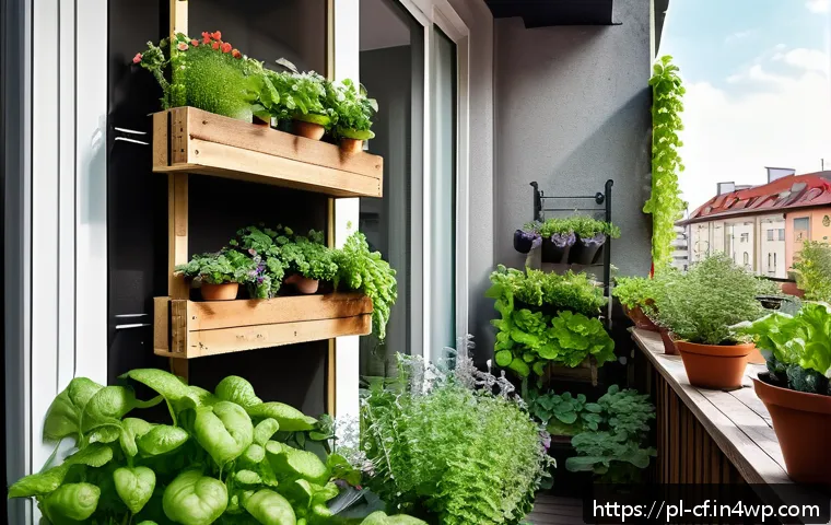 퍼머컬처 실천을 위한 개인 행동 지침 - A cozy small urban balcony garden in Poland, featuring vertical planting systems with hanging pots, ...
