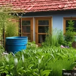 퍼머컬처와 생태적 지속 가능성 - A sustainable home garden scene in Poland during spring, featuring rainwater harvesting barrels conn...