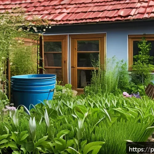 퍼머컬처와 생태적 지속 가능성 - A sustainable home garden scene in Poland during spring, featuring rainwater harvesting barrels conn...