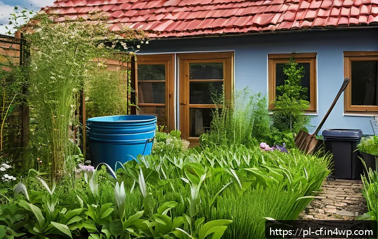 퍼머컬처와 생태적 지속 가능성 - A sustainable home garden scene in Poland during spring, featuring rainwater harvesting barrels conn...