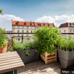 퍼머컬처의 경제적 이점 - A cozy urban balcony garden in Warsaw, Poland, showcasing vertical gardening with hanging pots, wood...