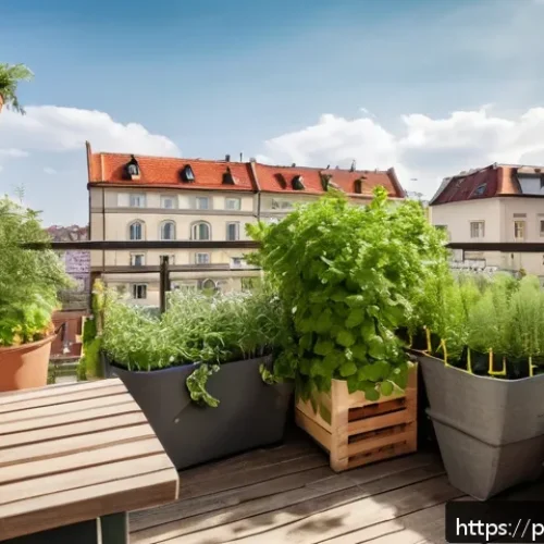 퍼머컬처의 경제적 이점 - A cozy urban balcony garden in Warsaw, Poland, showcasing vertical gardening with hanging pots, wood...