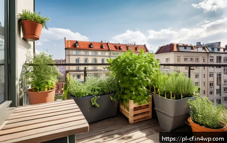 퍼머컬처의 경제적 이점 - A cozy urban balcony garden in Warsaw, Poland, showcasing vertical gardening with hanging pots, wood...