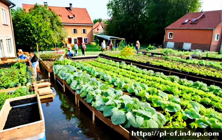 퍼머컬처 사회 시스템의 인식 변화 - Photorealistic community permaculture garden in a Polish town, diverse neighbors including an older ...
